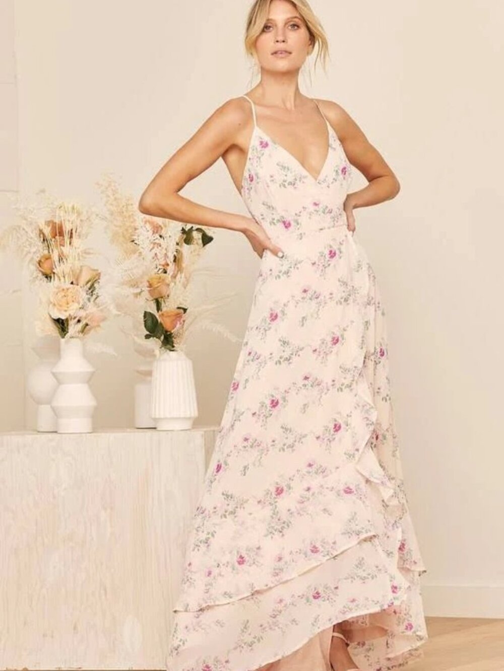 Lulu's Pink Floral Strapless Wrap Slip Dress